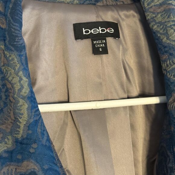 Y2k Bebe Jacket Womens 6 Blue Floral Brocade Puff Sleeve Cropped Zip Jacquard - Picture 12 of 16